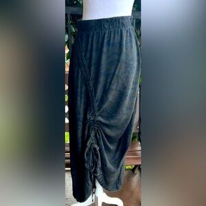 Elaine Kim camo silk maxi skirt with front strings to adjust length